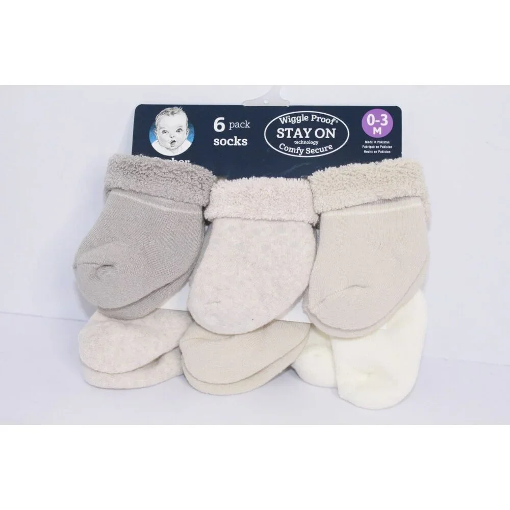 Gerber Wiggle Proof Stay On Infant Bootie Socks 0-3 Months Beige Gray 6‎ Pack